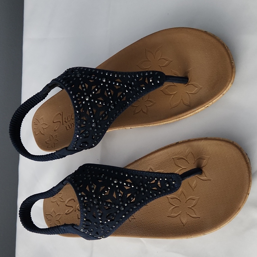 Womens Skechers Navy Suede Sandals With Navy Crytals Cork Wedge Heel